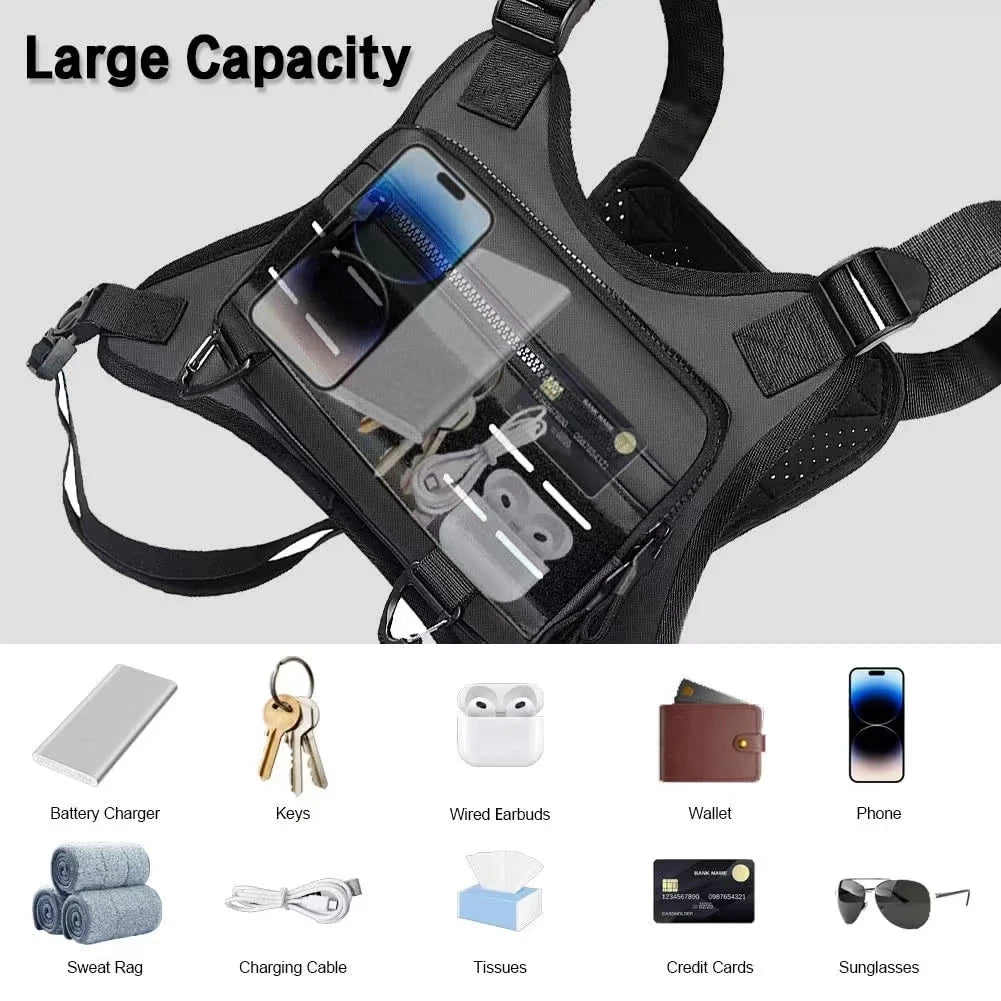 Sports Chest Bag For Men, Water Resistant Lightweight Front Running Vest Bag With Built-In Phone Holder & Extra Storage